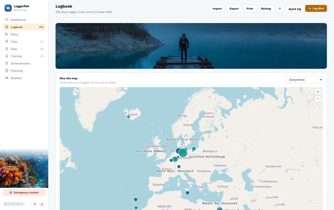 The Loggerfish logbook with a map of the dive sites logged